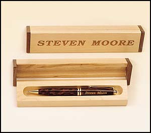 Tortoise shell pen in a maple and walnut box.
Laser engravable pen and box.